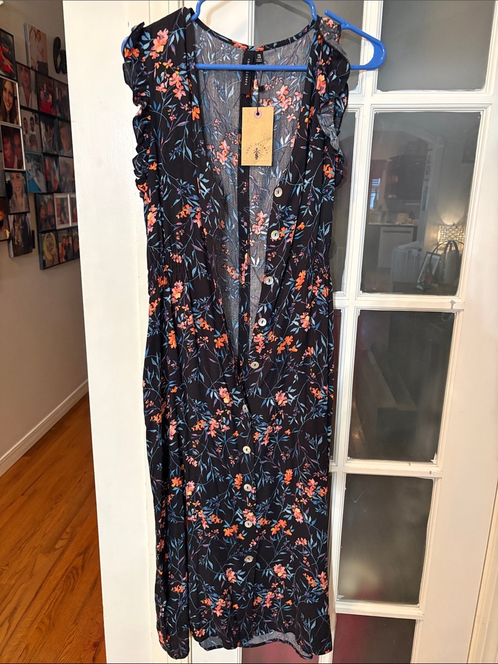 knot sisters Black Midi Dress with Coral and Light Blue Floral Print